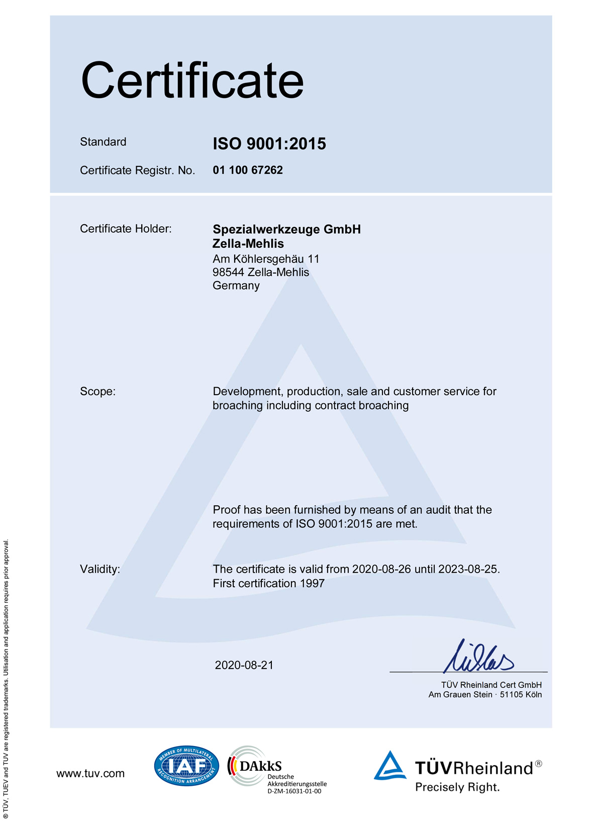 Certificate ISO 9001:2015 / 2020-2023